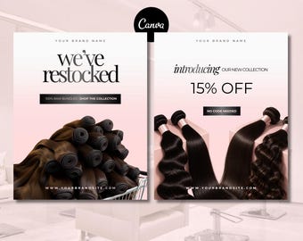 May include: Two promotional graphics featuring hair extensions. The left shows a pile of dark brown hair bundles with text reading we've restocked. The right displays four straight and wavy hair bundles with text reading introducing our new collection 15% off.