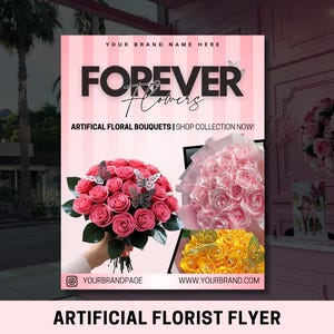 Modelo de panfleto de florista editável Canva | Panfleto de flores artificiais | Negócio de florista | Panfleto de rosas | Postagem do Instagram | Panfleto de florista eterno