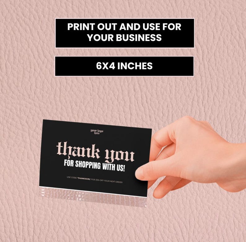 Flat lay mockup of thank you card template with bold pink and black design for beauty suppliers, small businesses, and hair vendors. Editable in Canva.