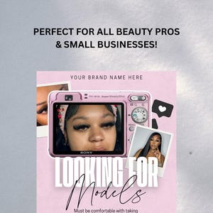 A stylish and modern Models Wanted Flyer Template for lash techs, designed in soft pink and neutral tones. The flyer features bold, eye-catching text inviting models for lash extensions, with space for custom details like pricing, availability, and contact information. Fully editable in Canva, making it easy to personalise for branding. Perfect for lash artists looking to attract new clients and build their portfolio. Digital download only.