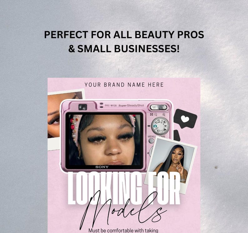 A stylish and modern Models Wanted Flyer Template for lash techs, designed in soft pink and neutral tones. The flyer features bold, eye-catching text inviting models for lash extensions, with space for custom details like pricing, availability, and contact information. Fully editable in Canva, making it easy to personalise for branding. Perfect for lash artists looking to attract new clients and build their portfolio. Digital download only.