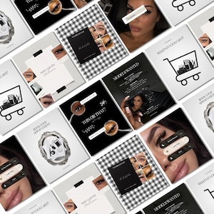 May include: A collection of social media templates featuring black, white, and gray graphics. Designs include shopping carts, ornate silver frames, black and white gingham patterns, and text overlays like New Clients Welcome and Models Wanted.