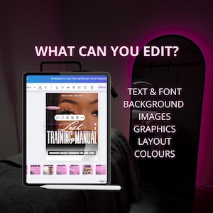 Elegant black and pink lash training manual eBook template designed for beauty professionals and lash artists. Features a modern, feminine layout with stylish fonts, organized sections for lash techniques, client care, and business tips. Fully editable and customizable for a polished, professional look.