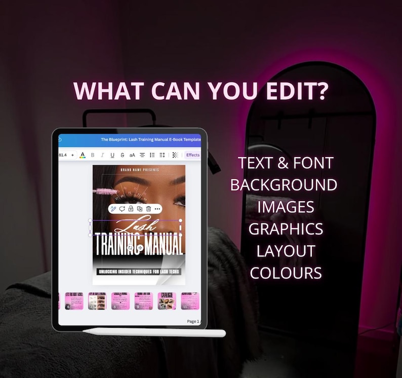 Elegant black and pink lash training manual eBook template designed for beauty professionals and lash artists. Features a modern, feminine layout with stylish fonts, organized sections for lash techniques, client care, and business tips. Fully editable and customizable for a polished, professional look.