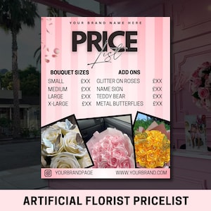 Plantilla editable de lista de precios de floristería, Canva, flores artificiales, volante de ramo de flores, lista de precios floral, publicación promocional de Instagram, ramos de rosas