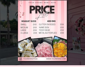 Florist Pricelist Editable Template, Canva, Artificial Flowers, Flower Bouquet Flyer, Floral Pricelist, Instagram Promo Post, Rose Bouquets