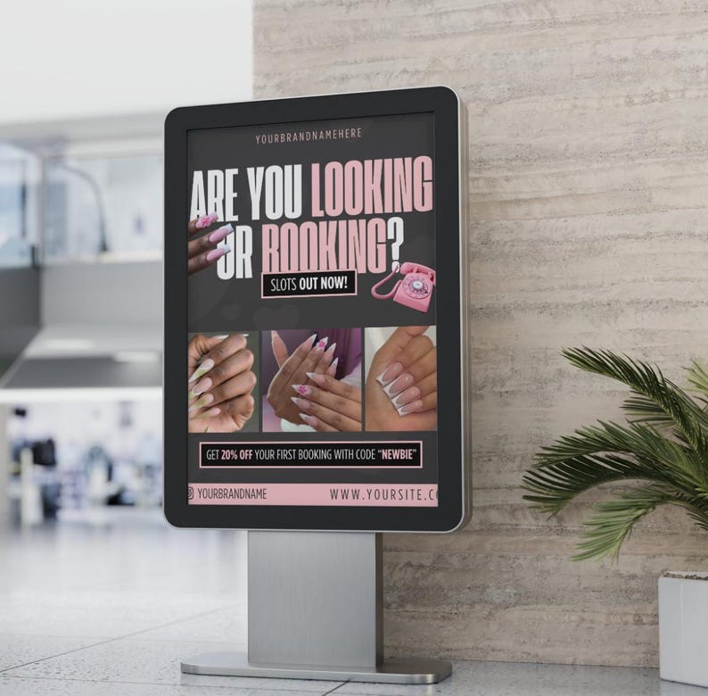 Editable 'Are You Looking for Bookings?' flyer template for nail technicians, featuring a modern, clean design with soft neutral tones, nail art images, and customisable text for Instagram promotion – ideal for digital marketing and attracting new nail clients.