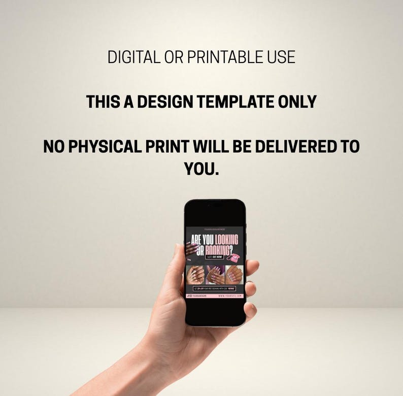 Editable 'Are You Looking for Bookings?' flyer template for nail technicians, featuring a modern, clean design with soft neutral tones, nail art images, and customisable text for Instagram promotion – ideal for digital marketing and attracting new nail clients.