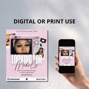 A stylish and modern Models Wanted Flyer Template for lash techs, designed in soft pink and neutral tones. The flyer features bold, eye-catching text inviting models for lash extensions, with space for custom details like pricing, availability, and contact information. Fully editable in Canva, making it easy to personalise for branding. Perfect for lash artists looking to attract new clients and build their portfolio. Digital download only.