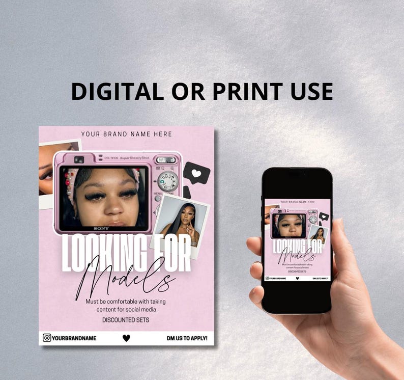 A stylish and modern Models Wanted Flyer Template for lash techs, designed in soft pink and neutral tones. The flyer features bold, eye-catching text inviting models for lash extensions, with space for custom details like pricing, availability, and contact information. Fully editable in Canva, making it easy to personalise for branding. Perfect for lash artists looking to attract new clients and build their portfolio. Digital download only.
