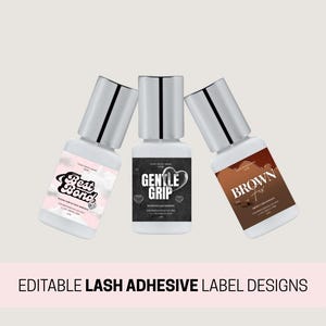May include: Three bottles of lash adhesive with different colored labels. The labels have different text on them, including "Best Bond", "Gentle Grip", and "Brown Fix".