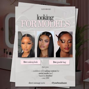 Puede incluir: Un folleto promocional rosa y blanco con el texto "looking for models". Presenta tres fotos de mujeres maquilladas, con los textos "free makeup look" y "free goodie bag". También incluye requisitos para los solicitantes.