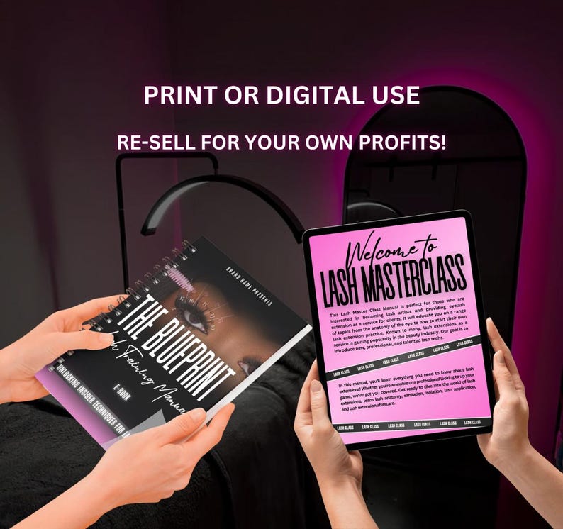Elegant black and pink lash training manual eBook template designed for beauty professionals and lash artists. Features a modern, feminine layout with stylish fonts, organized sections for lash techniques, client care, and business tips. Fully editable and customizable for a polished, professional look.