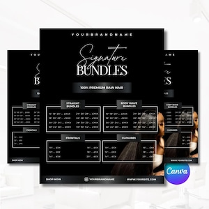 Hair Vendor Price List Canva Template | Editable Hair Bundle Pricing Flyer | Raw Hair Business Instagram Post