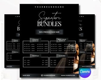 Hair Vendor Price List Canva Template | Editable Hair Bundle Pricing Flyer | Raw Hair Business Instagram Post