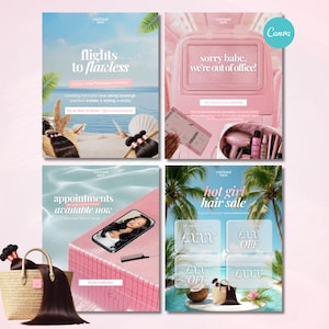 May include: Four promotional images for a hair styling service, featuring text such as "flights to flawless", "sorry babe, we're out of office!", "appointments available now", and "hot girl hair sale". The images use a pink and blue colour scheme.
