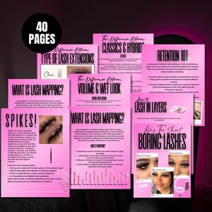 Elegant black and pink lash training manual eBook template designed for beauty professionals and lash artists. Features a modern, feminine layout with stylish fonts, organized sections for lash techniques, client care, and business tips. Fully editable and customizable for a polished, professional look.