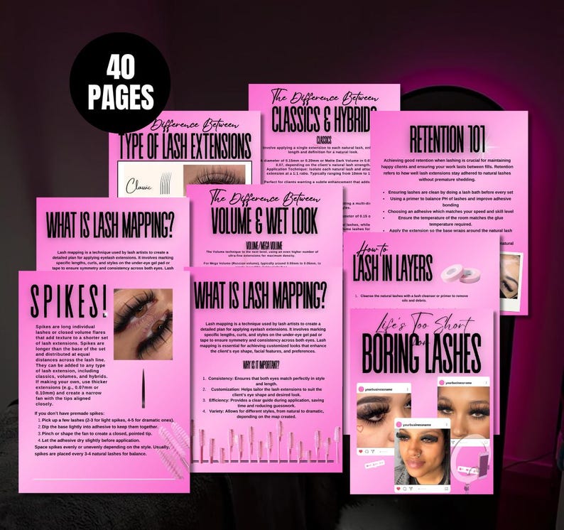 Elegant black and pink lash training manual eBook template designed for beauty professionals and lash artists. Features a modern, feminine layout with stylish fonts, organized sections for lash techniques, client care, and business tips. Fully editable and customizable for a polished, professional look.