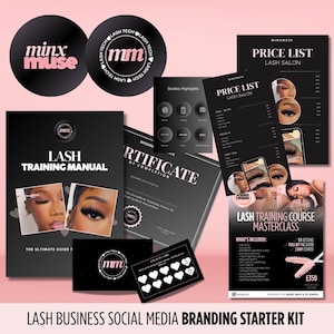 May include: A lash business social media branding starter kit in black and pink. The kit includes a lash training manual, price list, certificate, loyalty card, and training course materials. The "minx muse" and "mm" logos are featured.