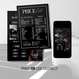 Editable and printable A5 price list menu flyer Canva template for beauty salons, hair stylists, lash techs, nail artists, and makeup artists. Modern, professional design perfect for showcasing beauty service prices and packages. Fully customisable in Canva — easily change colours, text, and fonts to match your brand. Ideal for printing or sharing digitally on Instagram and social media to promote beauty services.