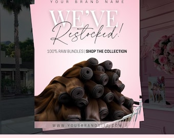 de Flyer Nous avons réapprovisionné les lots | Modifier sur la toile | Circulaire du vendeur de cheveux | cheveux crus | Publication Instagram | Perruques | Dépliant d'affaires sur les cheveux | Cheveux