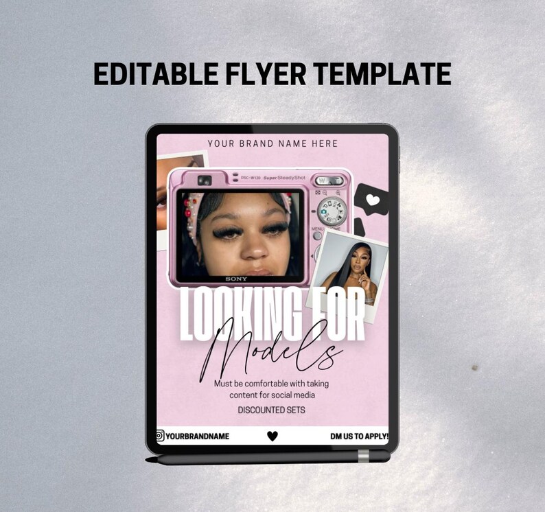 A stylish and modern Models Wanted Flyer Template for lash techs, designed in soft pink and neutral tones. The flyer features bold, eye-catching text inviting models for lash extensions, with space for custom details like pricing, availability, and contact information. Fully editable in Canva, making it easy to personalise for branding. Perfect for lash artists looking to attract new clients and build their portfolio. Digital download only.