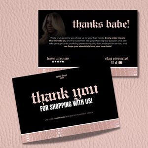 Editable thank you card Canva template for beauty suppliers and hair vendors, featuring bold gothic typography and pink crocodile-print background. Digital download packaging insert design.