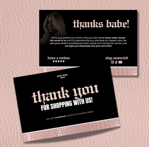 Editable Thank You Card Canva Template | Beauty Supplier Packaging Card | Printable Hair Vendor Thank You Card | Small Business Card Design