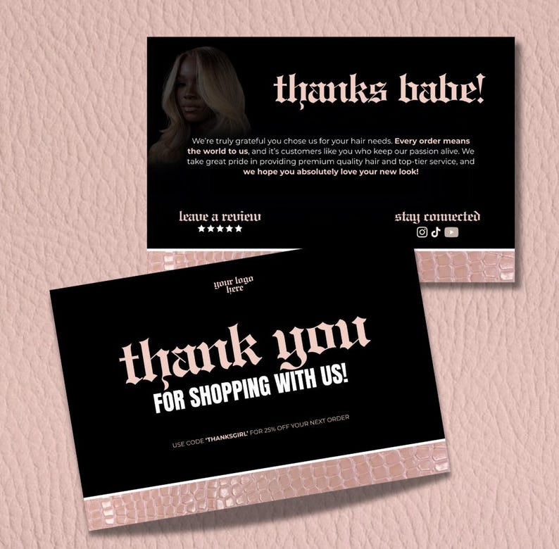 Editable thank you card Canva template for beauty suppliers and hair vendors, featuring bold gothic typography and pink crocodile-print background. Digital download packaging insert design.