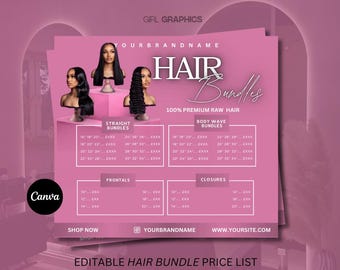 Pode incluir: Um gráfico rosa e branco com o texto "HAIR Bundles" em uma fonte grande e em negrito. O gráfico inclui uma lista de preços para diferentes comprimentos de pacotes de cabelo liso e de onda corporal, frontais e fechamentos. O texto "YOURBRANDNAME" e "WWW.YOURSITE.COM" também está incluído.