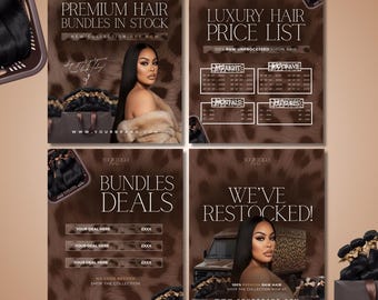 Lot de modèles de Flyers modifiables pour vendeur de coiffure | Lot de 4 extensions de cheveux Canva Flyers | Perruque Professionnelle Coiffeur Image de marque pour petite entreprise