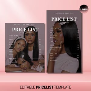 Op de afbeelding: Twee prijslijstsjablonen met een mauve achtergrond. De tekst "PRICE LIST" staat bovenaan, met een lijst van diensten en prijzen. De afbeelding toont drie vrouwen. De onderkant van de afbeelding luidt "EDITABLE PRICELIST TEMPLATE".