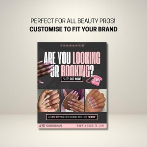 Editable 'Are You Looking for Bookings?' flyer template for nail technicians, featuring a modern, clean design with soft neutral tones, nail art images, and customisable text for Instagram promotion – ideal for digital marketing and attracting new nail clients.