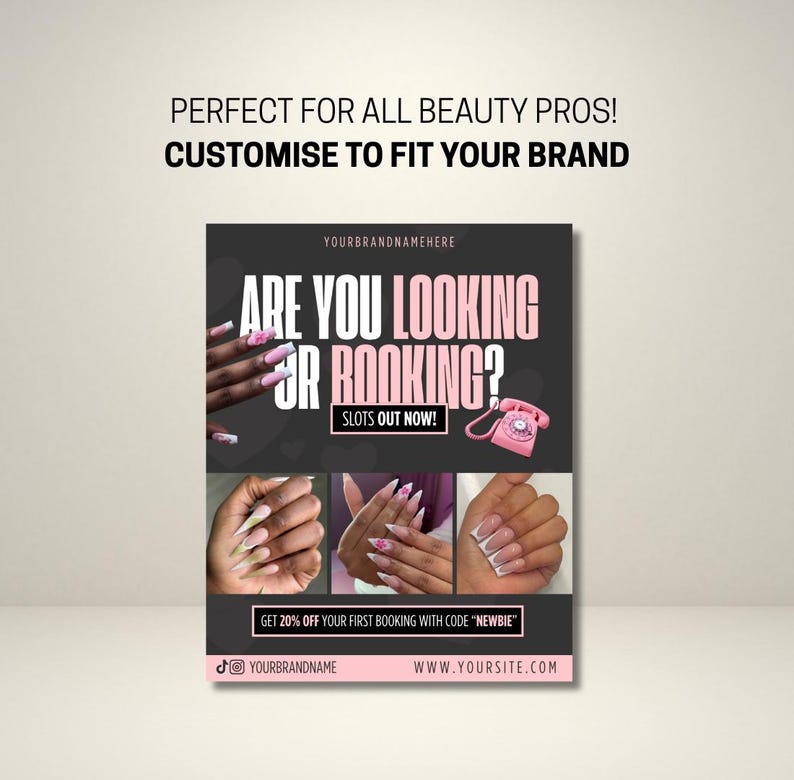 Editable 'Are You Looking for Bookings?' flyer template for nail technicians, featuring a modern, clean design with soft neutral tones, nail art images, and customisable text for Instagram promotion – ideal for digital marketing and attracting new nail clients.