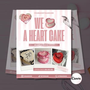 Könnte beinhalten: Werbeflyer für herzförmige Kuchen. Das Design zeigt einen rosa-weiß gestreiften Hintergrund mit dem Text "WE A HEART CAKE" und "ALL HEART CAKES 25% OFF!". Mehrere herzförmige Kuchen werden abgebildet, zusammen mit dem Text "ORDER NOW".