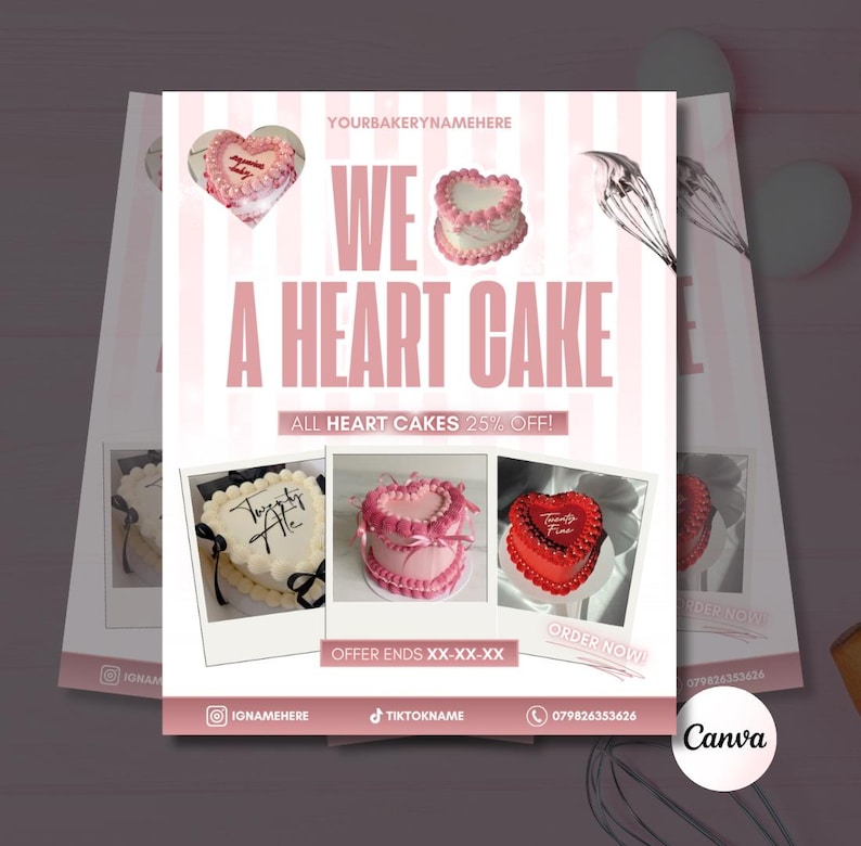 Editable bakery flyer template for Canva with customisable text and pastel design, perfect for promoting cake sales, cupcake events, bake shops, or dessert business marketing. Digital download only – no physical item included.