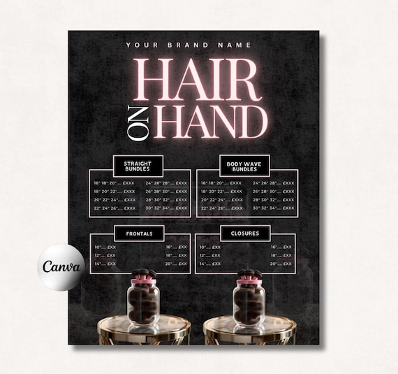 Hair Bundles Pricelist Template | Hair Vendor Pricing Menu | Editable On Canva | Selling Hair Business | Wigs | Raw Hair Bundles Pricelist