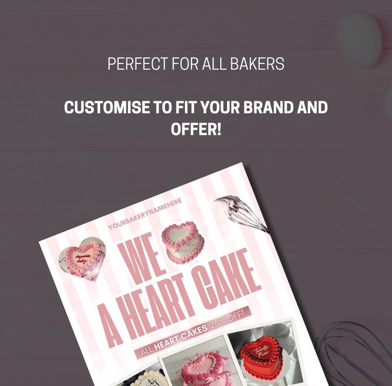 Editable bakery flyer template for Canva with customisable text and pastel design, perfect for promoting cake sales, cupcake events, bake shops, or dessert business marketing. Digital download only – no physical item included.