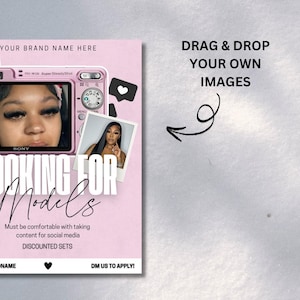 A stylish and modern Models Wanted Flyer Template for lash techs, designed in soft pink and neutral tones. The flyer features bold, eye-catching text inviting models for lash extensions, with space for custom details like pricing, availability, and contact information. Fully editable in Canva, making it easy to personalise for branding. Perfect for lash artists looking to attract new clients and build their portfolio. Digital download only.
