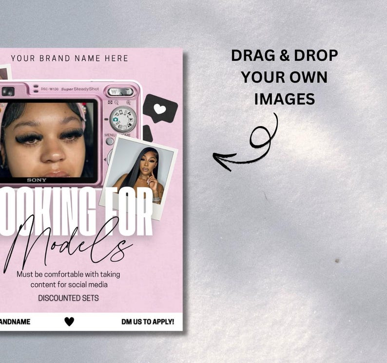A stylish and modern Models Wanted Flyer Template for lash techs, designed in soft pink and neutral tones. The flyer features bold, eye-catching text inviting models for lash extensions, with space for custom details like pricing, availability, and contact information. Fully editable in Canva, making it easy to personalise for branding. Perfect for lash artists looking to attract new clients and build their portfolio. Digital download only.