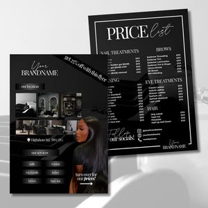 Op de afbeelding: Twee zwart-witte flyers met een prijslijst en promotie-informatie voor een schoonheidssalon. De flyers tonen de merknaam, de diensten en een model. De prijslijst omvat nagel-, wenkbrauw-, oog- en haarbehandelingen.