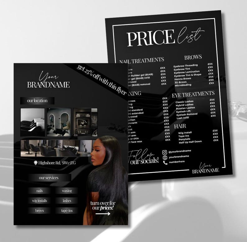 Editable and printable A5 price list menu flyer Canva template for beauty salons, hair stylists, lash techs, nail artists, and makeup artists. Modern, professional design perfect for showcasing beauty service prices and packages. Fully customisable in Canva — easily change colours, text, and fonts to match your brand. Ideal for printing or sharing digitally on Instagram and social media to promote beauty services.