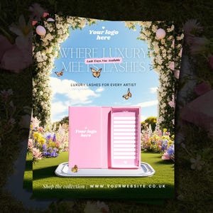 May include: Pink lash tray set on a silver tray, with the text "WHERE LUXURY MEETS LASHES" and "LUXURY LASHES FOR EVERY ARTIST". The image features a floral archway and butterflies, with the text "Shop the collection | www.YOURWEBSITE.CO.UK".