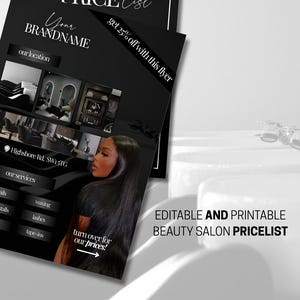 Editable and printable A5 price list menu flyer Canva template for beauty salons, hair stylists, lash techs, nail artists, and makeup artists. Modern, professional design perfect for showcasing beauty service prices and packages. Fully customisable in Canva — easily change colours, text, and fonts to match your brand. Ideal for printing or sharing digitally on Instagram and social media to promote beauty services.