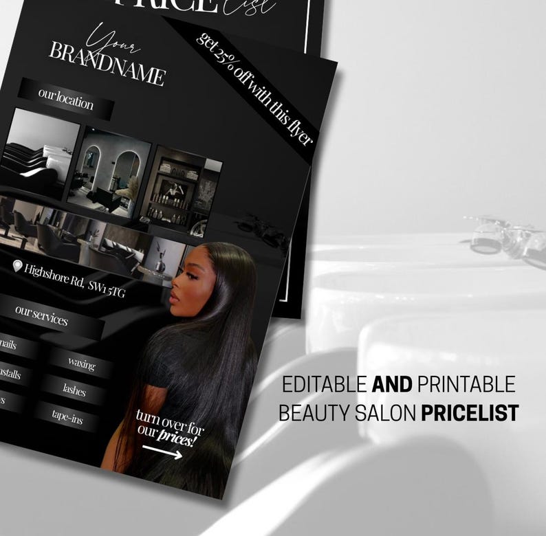 Editable and printable A5 price list menu flyer Canva template for beauty salons, hair stylists, lash techs, nail artists, and makeup artists. Modern, professional design perfect for showcasing beauty service prices and packages. Fully customisable in Canva — easily change colours, text, and fonts to match your brand. Ideal for printing or sharing digitally on Instagram and social media to promote beauty services.
