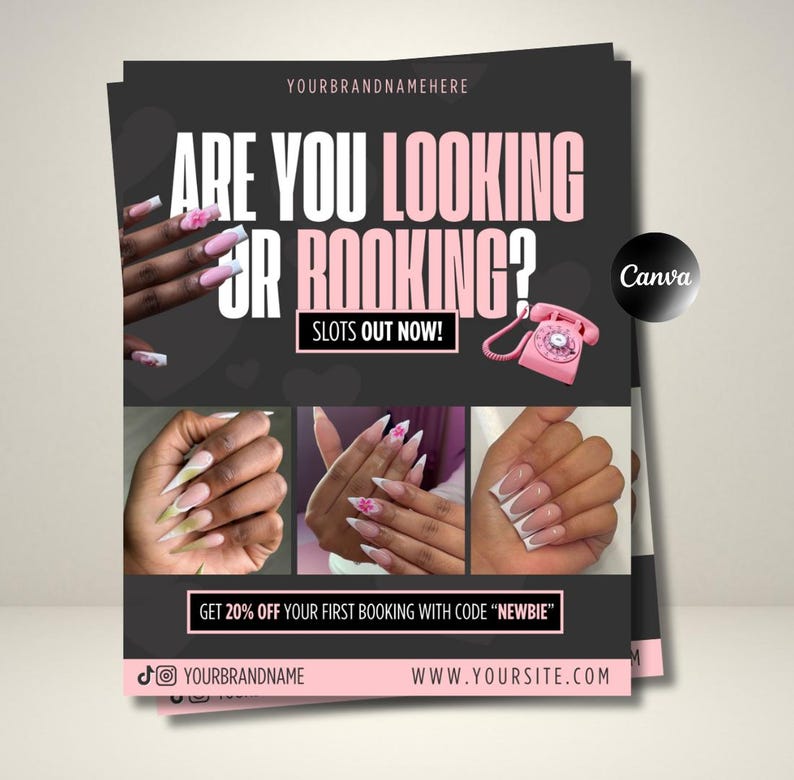 Editable 'Are You Looking for Bookings?' flyer template for nail technicians, featuring a modern, clean design with soft neutral tones, nail art images, and customisable text for Instagram promotion – ideal for digital marketing and attracting new nail clients.