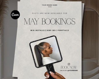 Editable Hairstylist Flyer Template May Bookings, Hair Salon Flyer, Beauty Salon Post, Hair Business Instagram Flyer, Wig Installs, Sew-ins