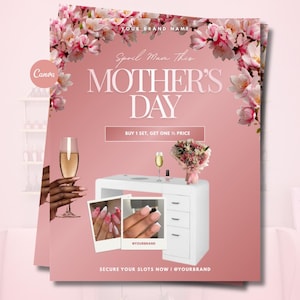 Modelo de Flyer Editável para o Dia das Mães no Canva, Marketing para Salões de Beleza e Manicures, Promoção de Negócios de Beleza, Postagem sobre Unhas de Acrílico, Ofertas para o Dia das Mães