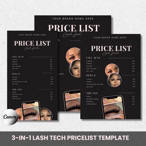 Op de afbeelding: Drie zwart-witte prijslijst sjablonen voor een wimpersalon. Elk sjabloon bevat de tekst "Price List" met een roze accent, een lijst met diensten en afbeeldingen van wimpers. De tekst "Your Brand Name Here" staat bovenaan elk sjabloon.