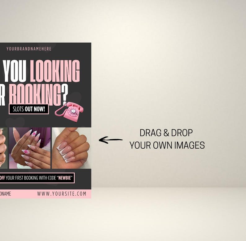 Editable 'Are You Looking for Bookings?' flyer template for nail technicians, featuring a modern, clean design with soft neutral tones, nail art images, and customisable text for Instagram promotion – ideal for digital marketing and attracting new nail clients.